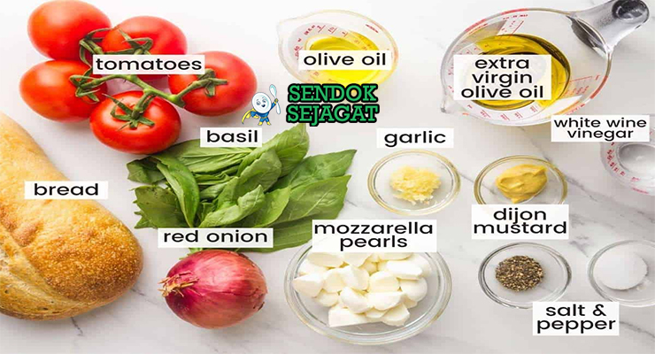 Bahan Panzanella lengkap roti ciabatta tomat basil olive oil