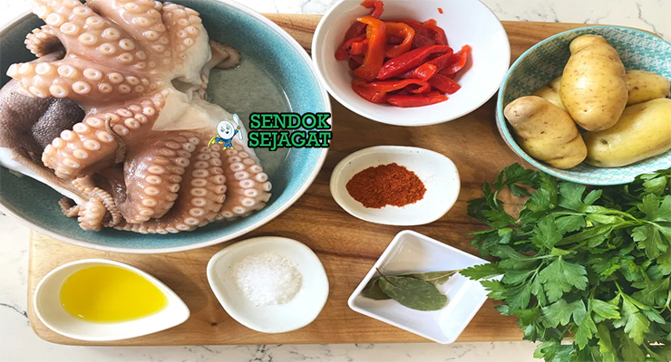 Bahan pulpo a la gallega gurita utuh pimentón de la Vera olive oil kentang kecil garam kasar