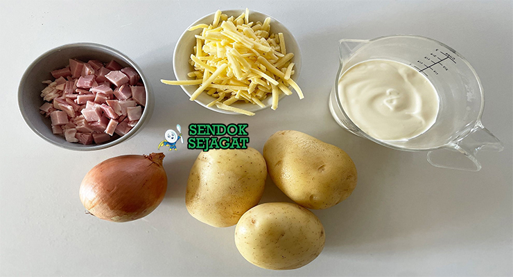 Bahan potato bake kentang thickened cream cheddar bacon daun bawang