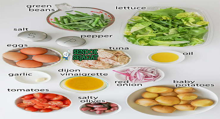 Bahan salade nicoise tuna loin olive Niçoise anchovy telur tomat kentang buncis vinaigrette