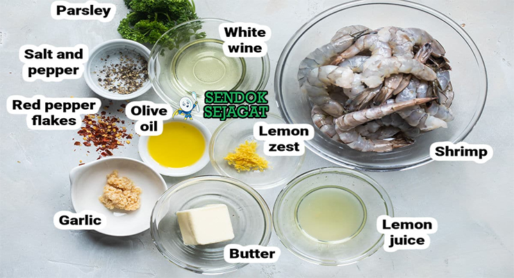Bahan Shrimp Scampi lengkap udang mentega bawang putih lemon anggur parsley
