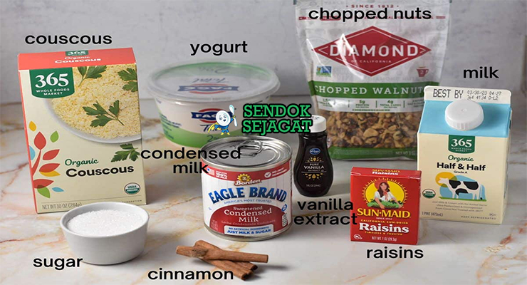 Bahan thiakry couscous yogurt susu kental evaporated kelapa kismis orange blossom