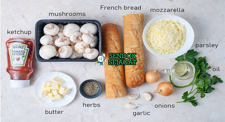 Bahan zapiekanka baguette jamur champignon keju gouda saus tomat bawang acar timun