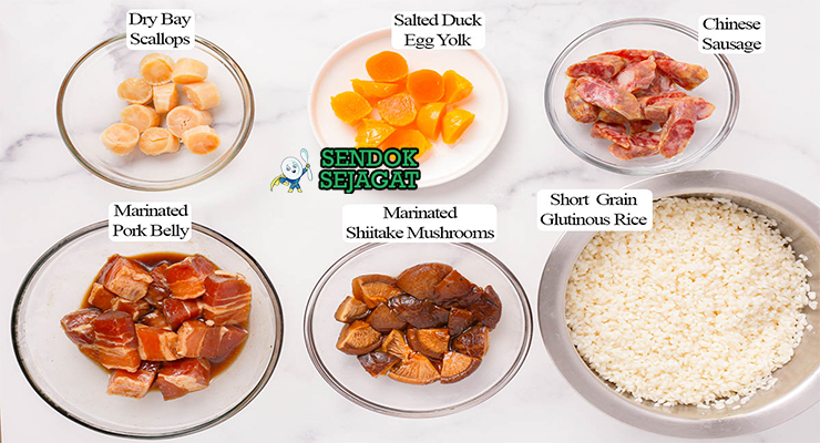 Bahan zongzi daun bambu beras ketan daging babi perut telur asin jamur shiitake kacang