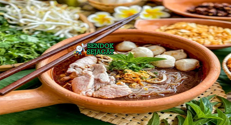 Boat Noodles mie kuah dark daging tauge bakso tabur ketumbar di mangkuk kecil