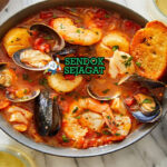 Cioppino seafood stew kerang udang kepiting kuah tomat roti sourdough di mangkuk besar