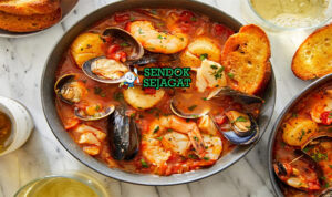 Cioppino seafood stew kerang udang kepiting kuah tomat roti sourdough di mangkuk besar