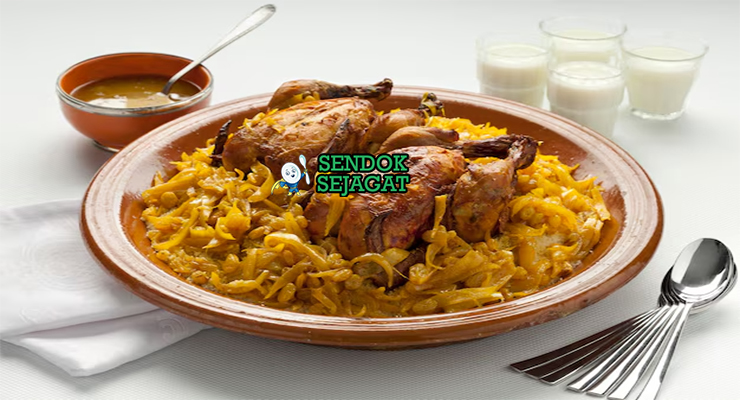 Couscous Tfaya couscous fluffy tfaya bawang karamel kismis almond ayam di piring besar