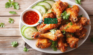 Gai Tod ayam golden renyah saus pedas cabai di piring saji