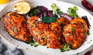 Harissa Chicken ayam golden char harissa lemon di platter saji