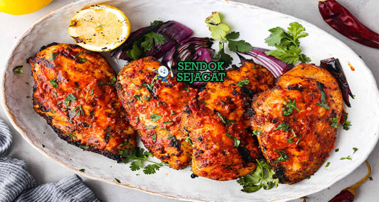 Harissa Chicken ayam golden char harissa lemon di platter saji