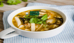 Hot and Sour Soup kental jamur tahu telur ribbon di bowl saji