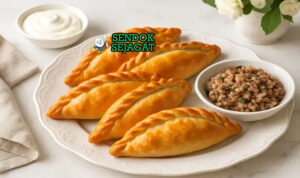 Kibinai Renyah Gurih Khas Trakai Lithuania Kibinai pastel bulan sabit golden flaky isi daging domba keju cottage di atas meja kayu