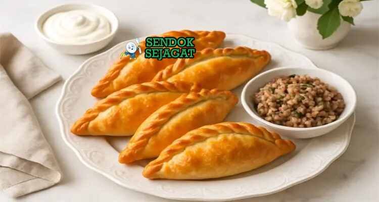 Kibinai pastel bulan sabit golden flaky isi daging domba keju cottage di atas meja kayu