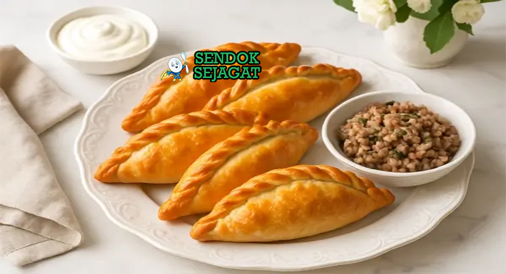 Kibinai pastel bulan sabit golden flaky isi daging domba keju cottage di atas meja kayu