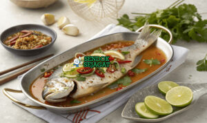 Pla Neung Manao Pedas Asam Segar Khas Thailand Pla Neung Manao kakap utuh kukus siram kuah jeruk nipis cabe bawang putih daun ketumbar berasap