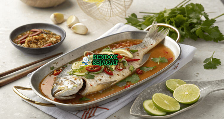 Pla Neung Manao kakap utuh kukus siram kuah jeruk nipis cabe bawang putih daun ketumbar berasap