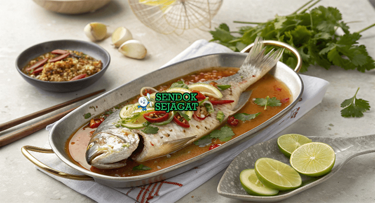 Pla Neung Manao kakap utuh kukus siram kuah jeruk nipis cabe bawang putih daun ketumbar berasap