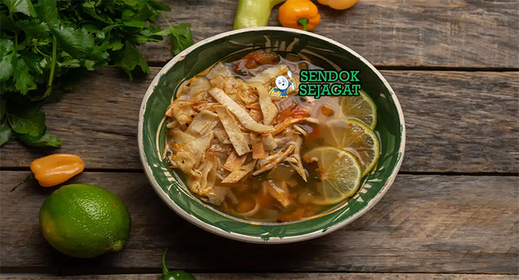 Sopa de Lima sup ayam jeruk lima tortilla strips cilantro di bowl saji