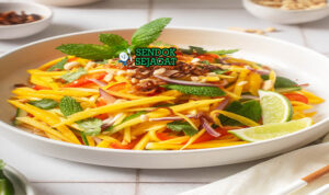 Thai Mango Salad mangga iris udang kering kacang cabai daun mint di mangkuk saji