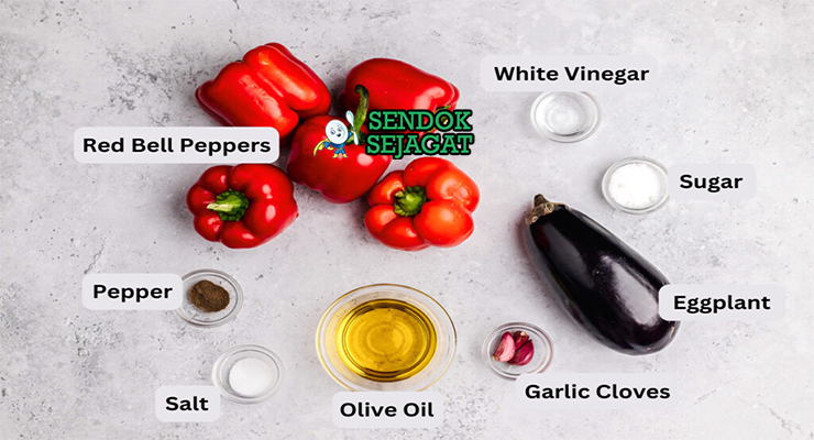 Bahan ajvar paprika merah besar terung bawang putih cuka minyak zaitun cabe merah