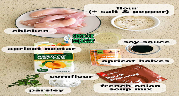 Bahan apricot chicken ayam paha kulit aprikot nectar kaleng French onion soup mix mustard