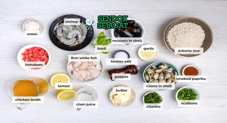 Bahan Australian seafood paella prawns barramundi mussels saffron rice tomato onion garlic stock