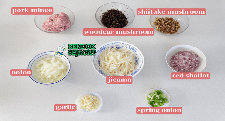 Bahan bánh cuốn tepung beras tapioka daging babi giling jamur kayu fish sauce limau nuoc cham