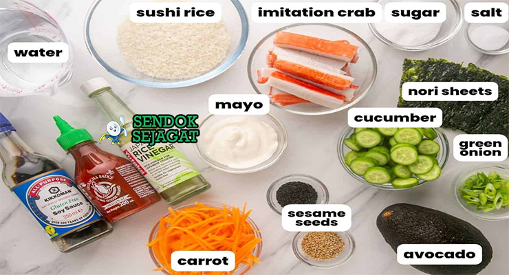 Bahan california roll nori sushi rice avocado surimi crab timun wijen rice vinegar wasabi