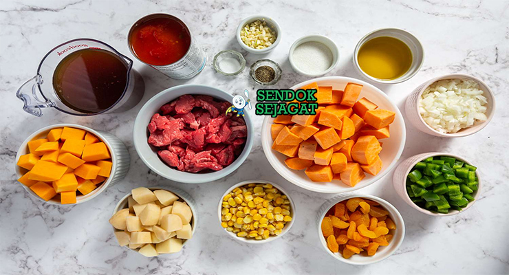 Bahan carbonada criolla daging sapi labu kuning quince jagung tomat oregano bawang bombay