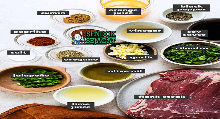 Bahan carne asada flank steak limau jeruk garlic cilantro jalapeño cumin oregano olive oil