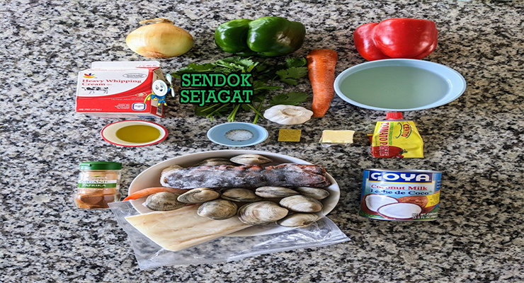 Bahan cazuela de mariscos udang kerang ikan kentang jagung paprika oregano bawang putih kaldu