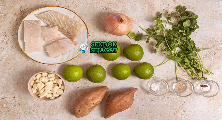 Bahan ceviche corvina fillet segar limau Panama cabe chombo cilantro bawang merah jagung cancha