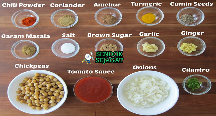 Bahan Chana Masala kacang garbanzo bawang bombay tomat jahe bawang putih garam masala kunyit cabai