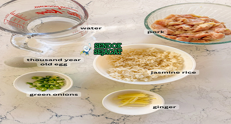 Bahan congee beras jasmine century egg telur asin youtiao jahe kaldu ayam daun bawang