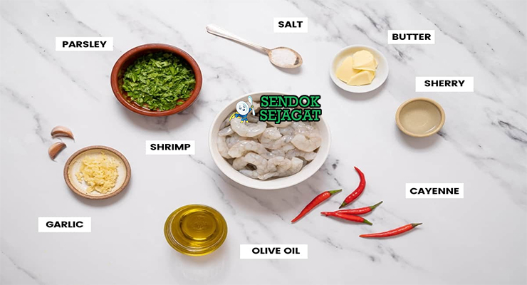Bahan gambas al ajillo udang segar olive oil bawang putih cabe guindilla sherry peterseli cazuela