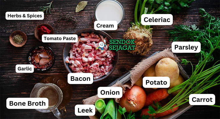 Bahan kartoffelsuppe kentang tepung speck wurstel lauch kaldu tulang cream Majoran pala