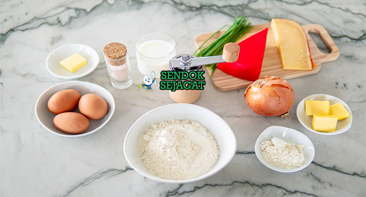 Bahan käsespätzle tepung telur spätzle hobel Emmental Bergkäse bawang bombay butter cream