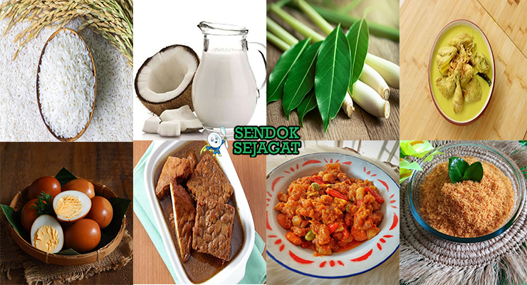 Bahan nasi bogana nasi santan ayam opor telur pindang tahu tempe krecek abon serundeng daun pisang