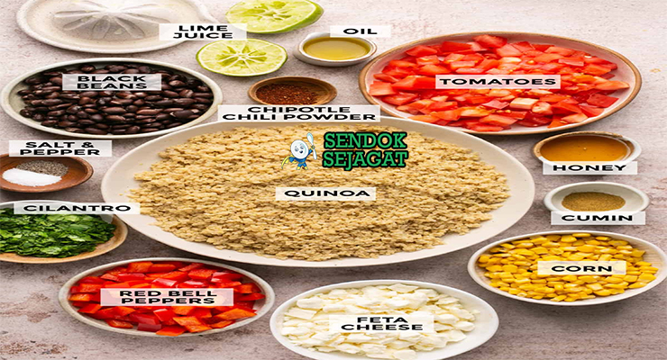Bahan quinoa salad quinoa putih tomat alpukat bawang merah cilantro limau olive oil feta