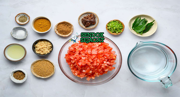 Bahan rasam tomat tamarind lada hitam jintan kunyit daun kari cabe rawit bawang putih