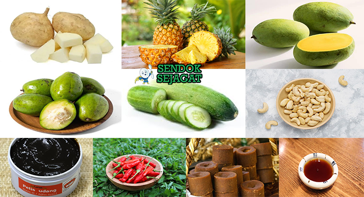 Bahan rujak petis petis udang hitam cabe rawit gula merah bengkoang mangga muda kedondong nanas timun kacang mede