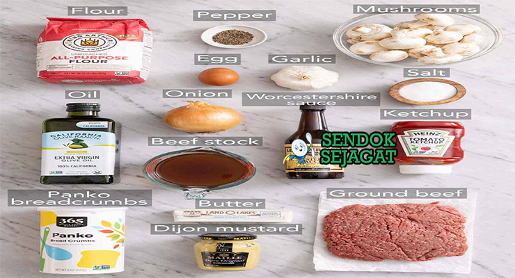 Bahan salisbury steak daging sapi giling breadcrumb jamur bawang bombay beef stock Worcestershire