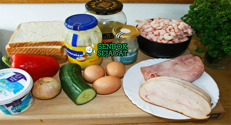 Bahan smörgåstårta roti tawar salmon asap ham udang cream cheese mayonnaise dill timun roe