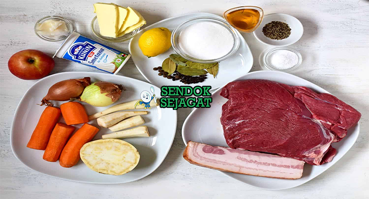 Bahan svickova na smetane daging sirloin root vegetables smetana bacon allspice bay leaf knedlíky