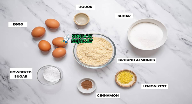 Bahan torta de santiago almond giling telur gula lemon zest cinnamon gula bubuk template salib