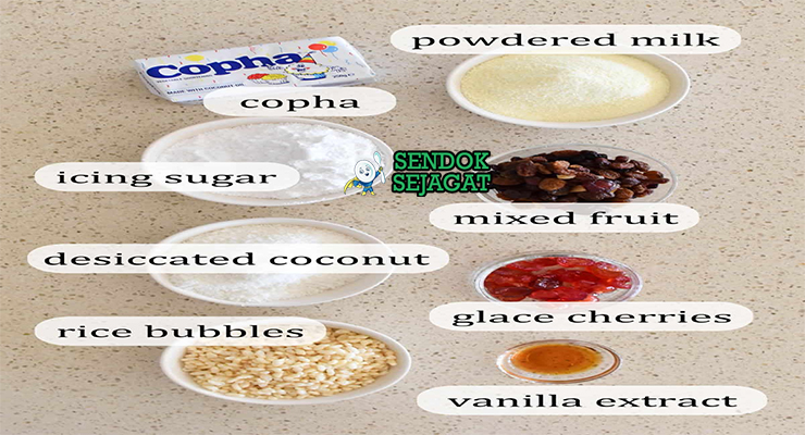 Bahan white christmas Copha Rice Bubbles desiccated coconut icing sugar glacé cherry sultana milk powder