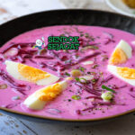 Saltibarščiai sup pink beetroot dingin kefir dill timun telur kentang rebus sour cream mangkuk