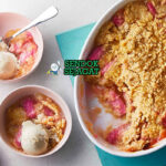 Apple and Rhubarb Crumble golden oats crumble rhubarb pink apel custard vanilla ice cream mangkuk