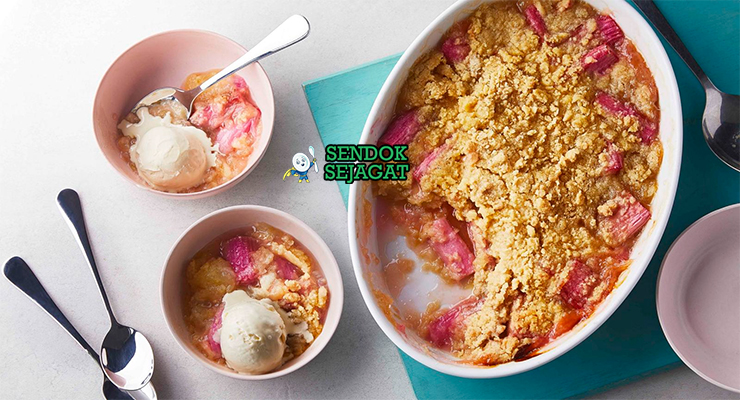Apple and Rhubarb Crumble golden oats crumble rhubarb pink apel custard vanilla ice cream mangkuk